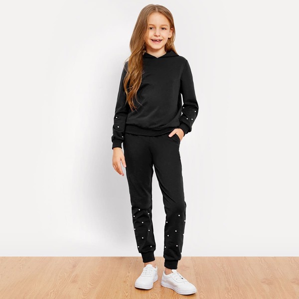 

Girls Pearls Beaded Solid Hoodie & Pants Set, Black