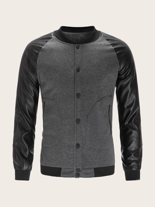 

Men Contrast PU Sleeve Bomber Jacket, Grey