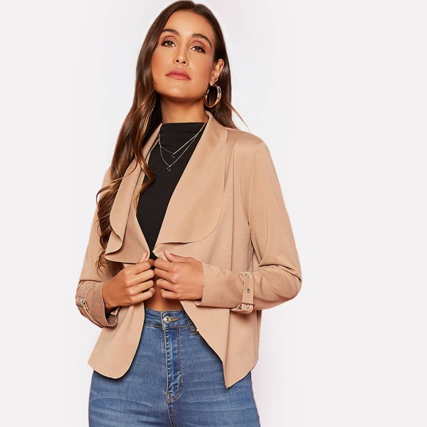 

Waterfall Buckle Asymmetrical Hem Jacket, Khaki