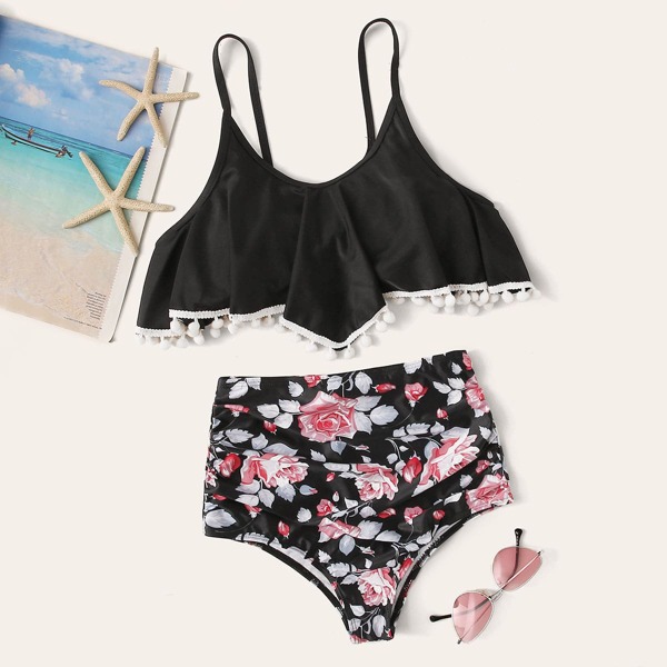 

Hanky Hem Top With Floral High Waist Bikini Set, Black