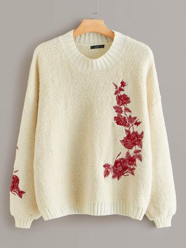 

Plus Drop Shoulder Flower Embroidered Jumper, Beige