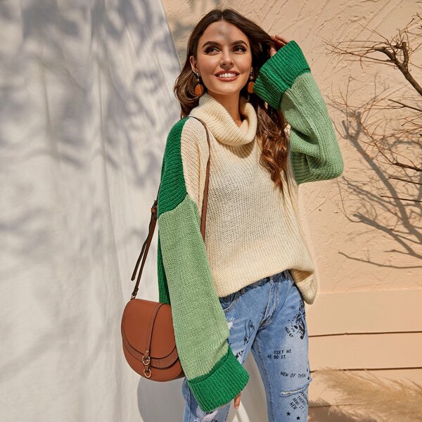 

Drop Shoulder Cowl Neck Colorblock Sweater, Multicolor