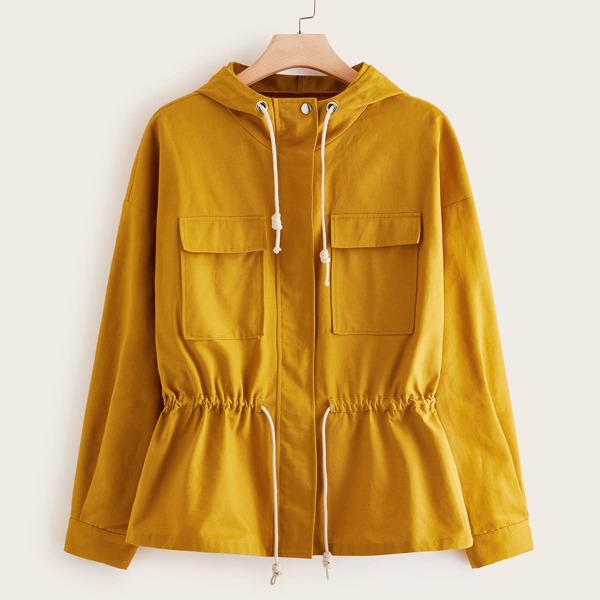 

Plus Drawstring Detail Flap Pocket Hooded Jacket, Yellow bright