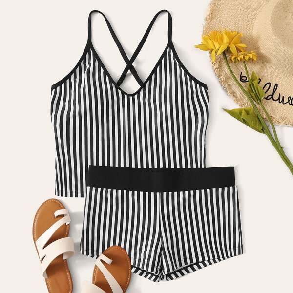 

Striped Criss Cross Top With Shorts Tankini, Black and white