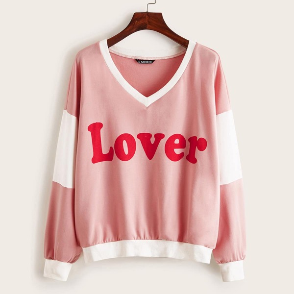 

Letter Graphic Color Block Pullover, Pink pastel
