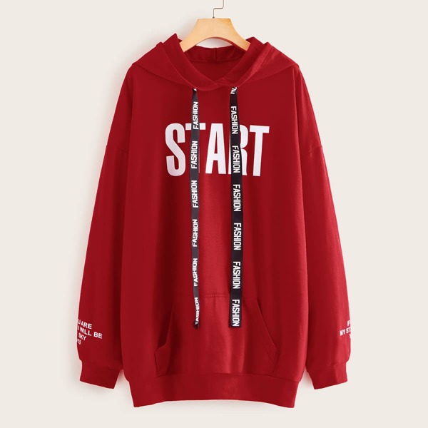 

Drop Shoulder Letter Graphic Drawstring Hoodie, Red bright