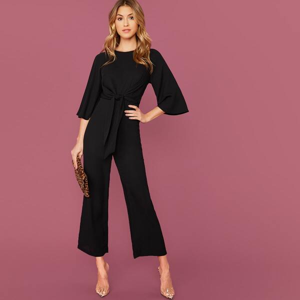 

Tie Front Raglan Sleeve Straight Leg Jumpsuit, Black