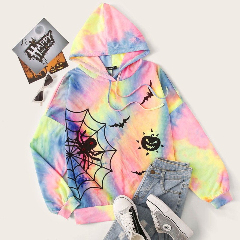 

Plus Tie Dye & Halloween Print Hoodie, Multicolor