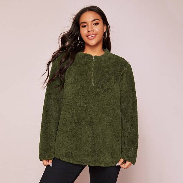 

Plus Zip Half Placket Teddy Sweatshirt, Army green