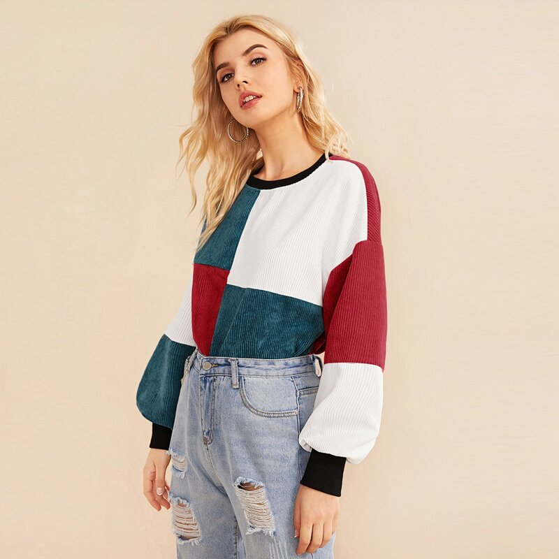 

Drop Shoulder Colorblock Cord Pullover, Multicolor