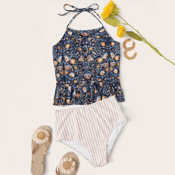

Graphic Ruffle Hem Top With High Waist Tankini, Multicolor