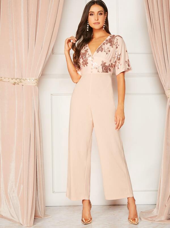 

Sequin Detail Button Front Wide Leg Jumpsuit, Nude, Anna Herrin