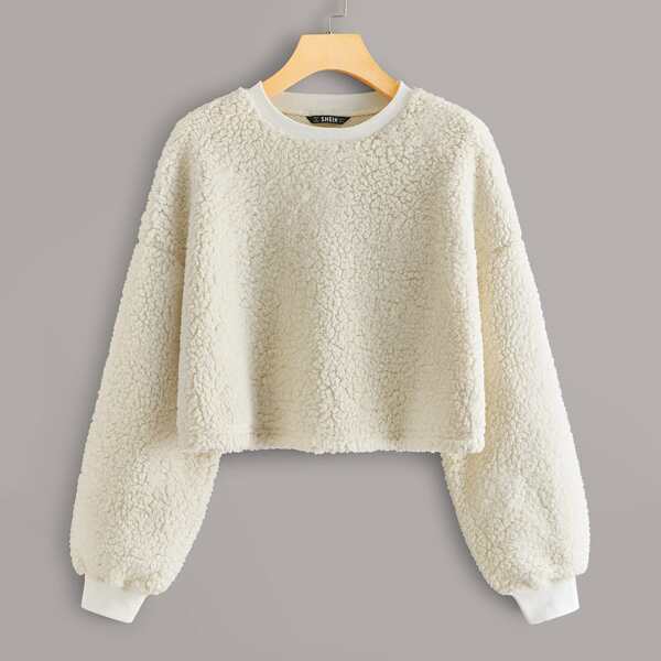 

Plus Drop Shoulder Solid Teddy Pullover, Beige pastel