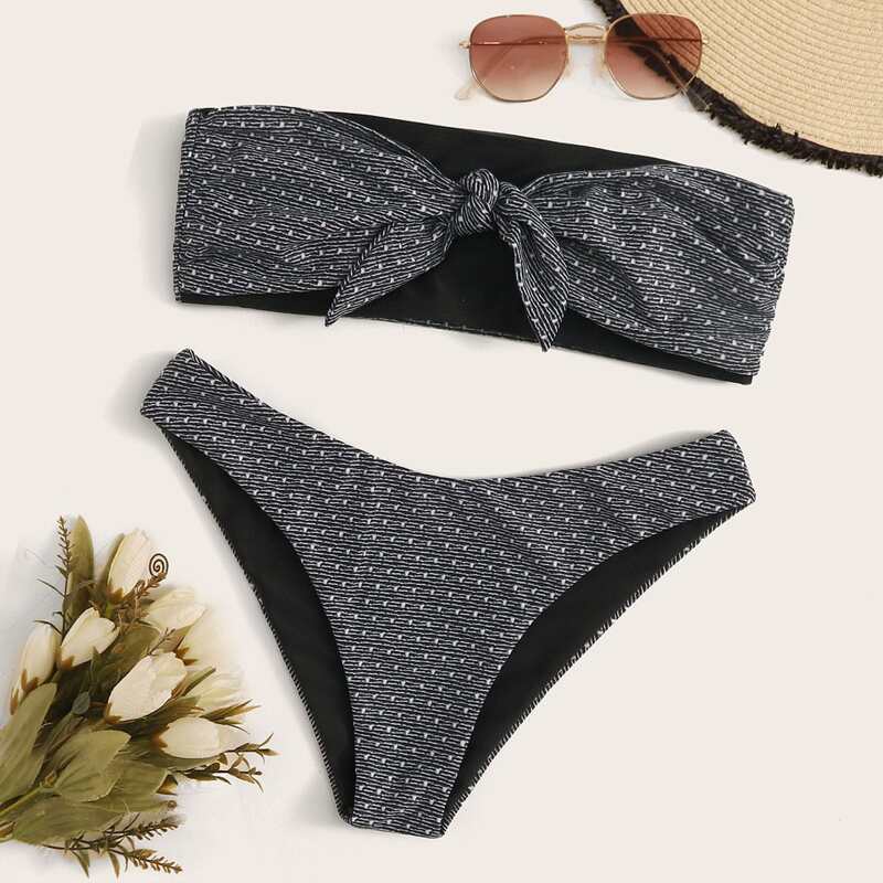 

Knot Front Bandeau With High Cut Bikini Set, Grey