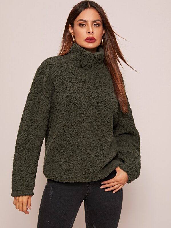 

High Neck Drop Shoulder Teddy Sweatshirt, Army green, Andy
