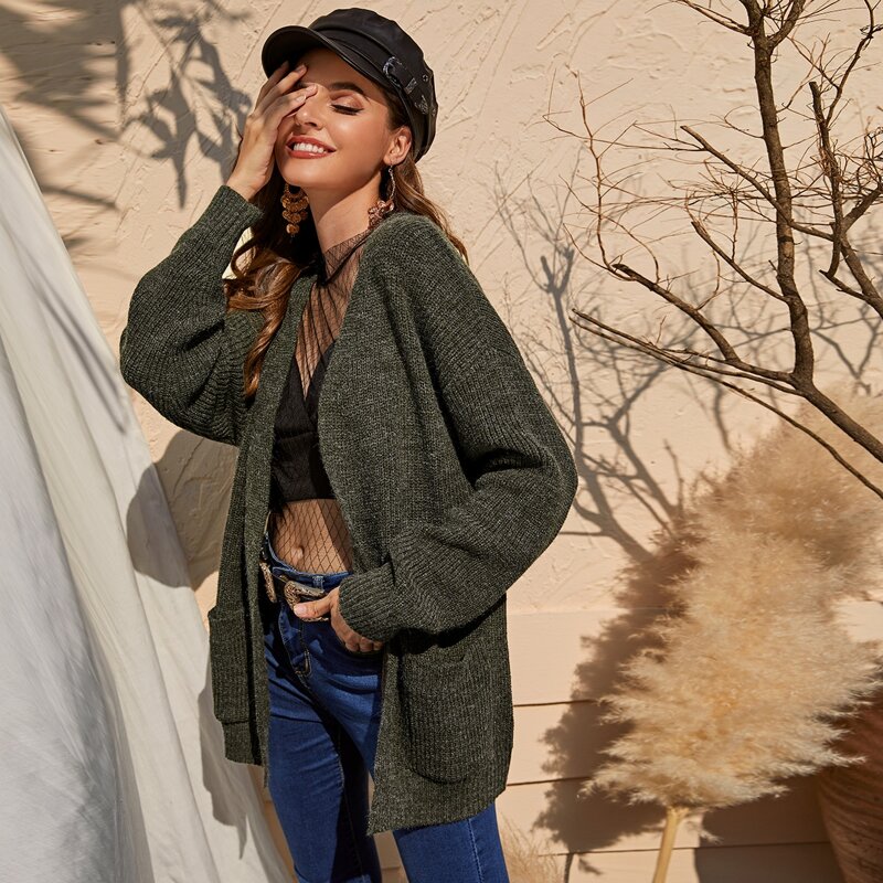 

Open Front Patch Pocket Cardigan, Army green