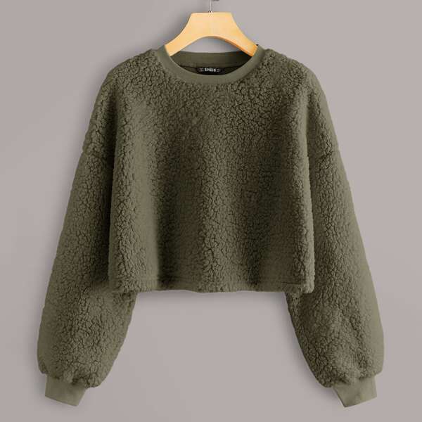 

Drop Shoulder Solid Teddy Pullover, Army green