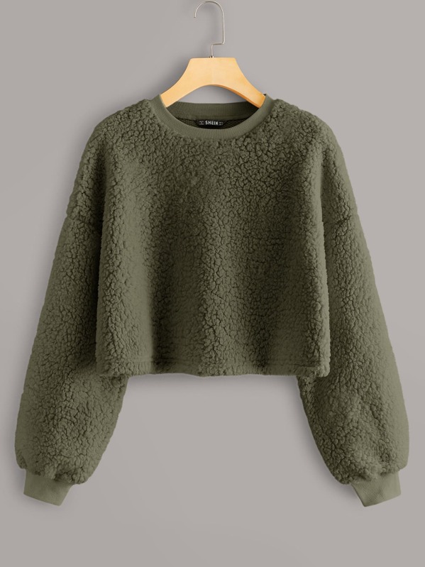 

Drop Shoulder Solid Teddy Pullover, Army green