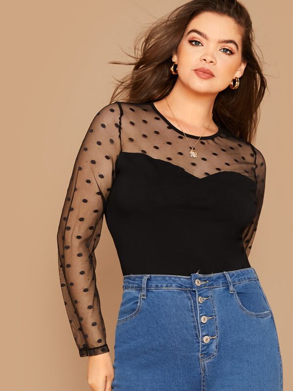 

Plus Polka Dot Mesh Yoke Tee, Black, Faith Bowman