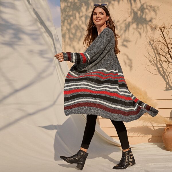 

Drop Shoulder Striped Pattern Marled Cardigan, Grey