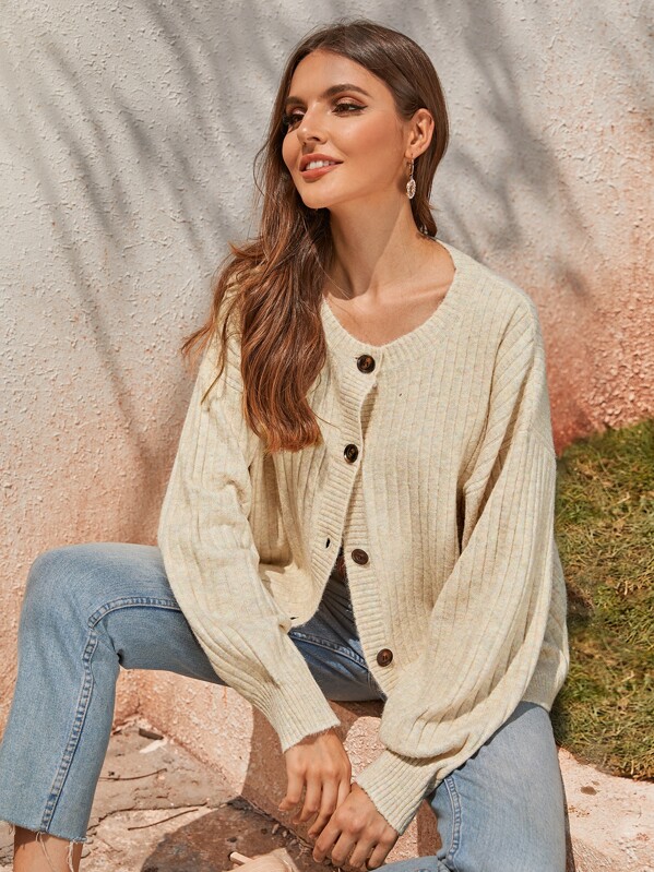 

Button Front Drop Shoulder Rib-knit Cardigan, Beige, Barbara C