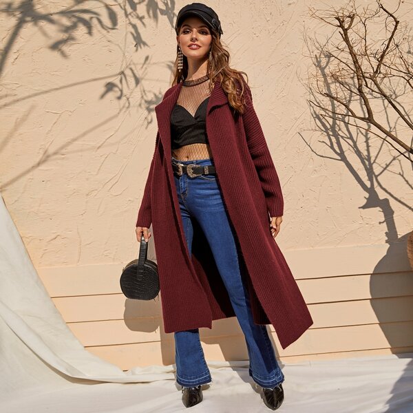 

Drop Shoulder Open Front Rib-knit Longline Sweater Coat, Burgundy