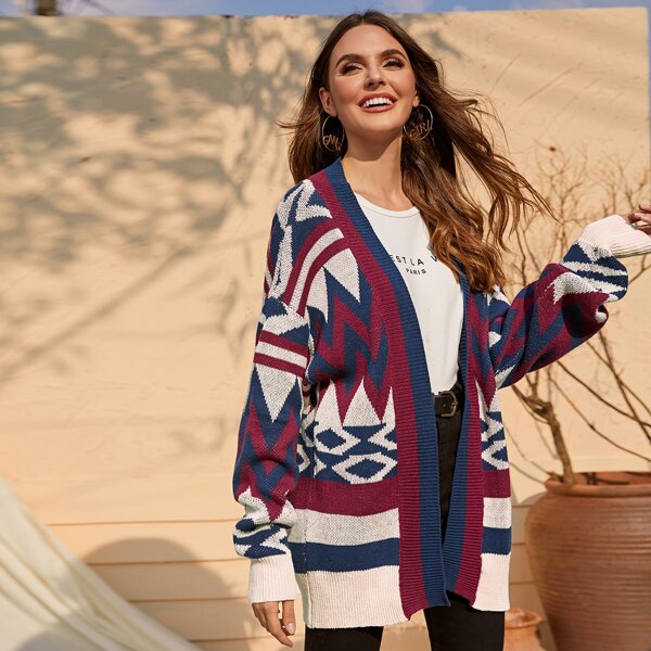 

Open Front Drop Shoulder Geo Cardigan, Multicolor