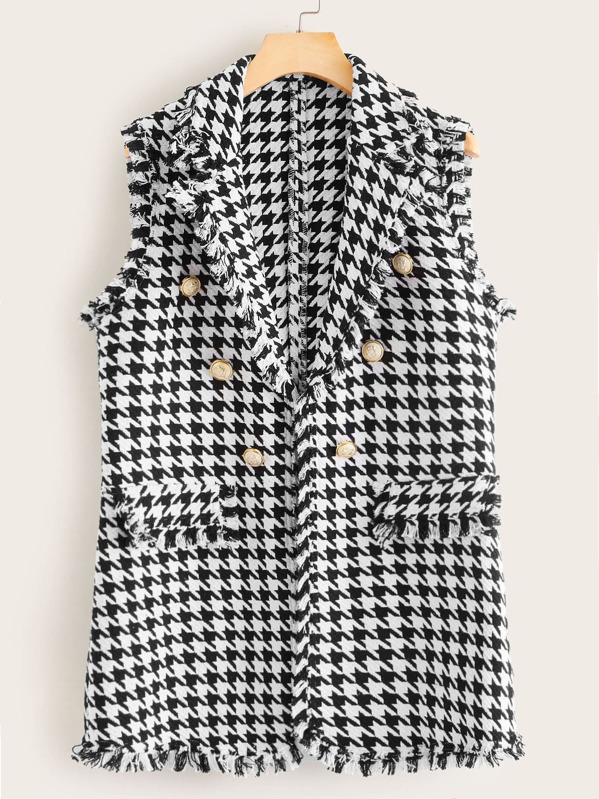 

Double Breasted Frayed Trim Tweed Vest, Black and white
