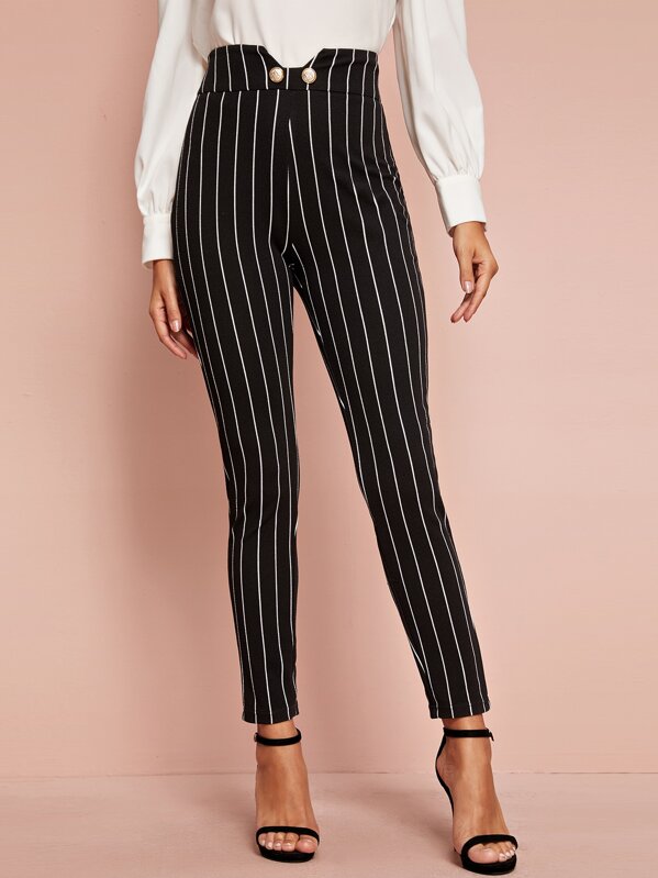 

Notch Wide Band Waist Button Detail Striped Skinny Pants, Black, Mary P.