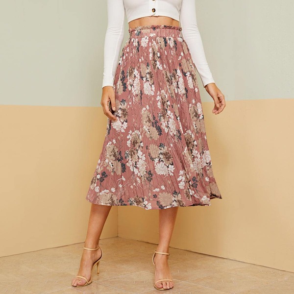 

Botanical Print Paperbag Waist Pleated Skirt, Pink pastel