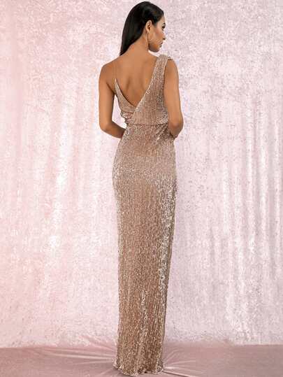 love&lemonade twist split thigh backless draped maxi sequins dress