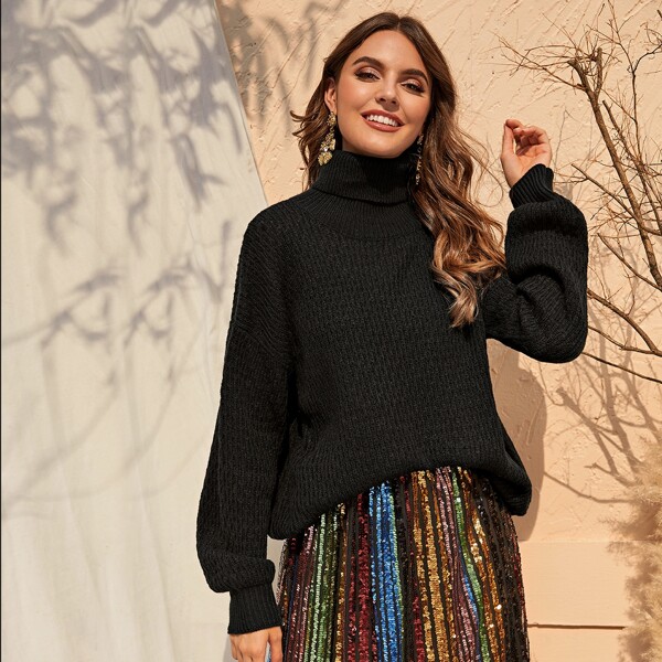 

High Neck Drop Shoulder Solid Sweater, Black