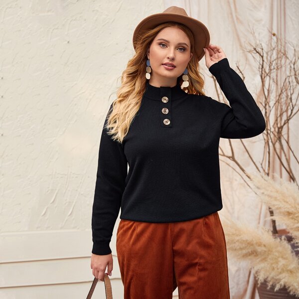 

Plus Mock Neck Button Detail Sweater, Black
