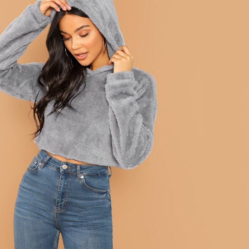 

Drop Shoulder Crop Teddy Hoodie, Grey