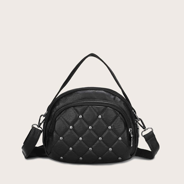 

Studded Decor Quilted Satchel Bag, Black