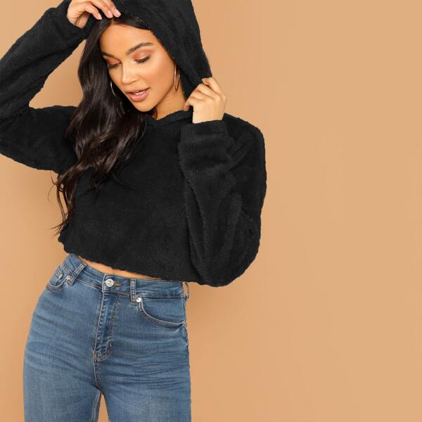 

Solid Crop Teddy Hoodie, Black