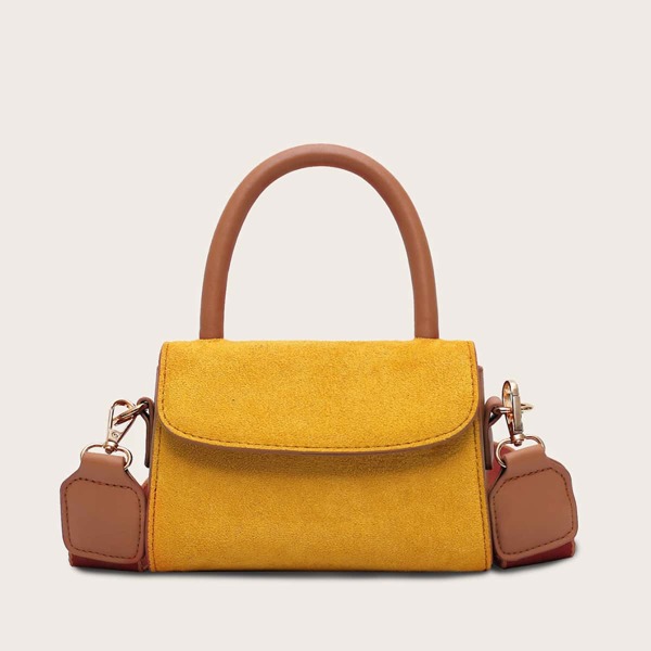 

Wide Strap Suede Flap Satchel Bag, Yellow