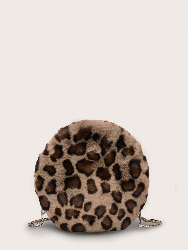 

Round Shaped Fuzzy Leopard Crossbody Bag, Multicolor