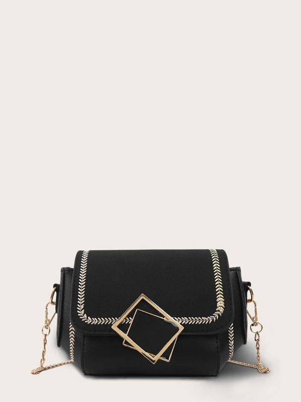 

Geometric Decor Flap Crossbody Bag, Black