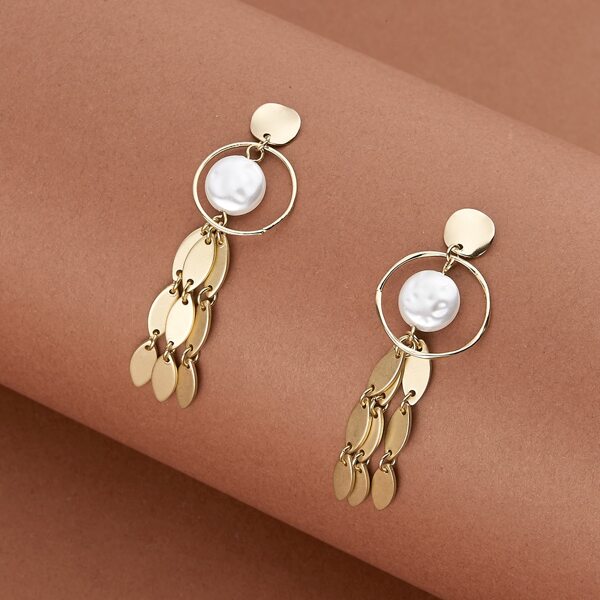 

1pair Pearl Center Leaf Detail Dangling Earrings, Gold