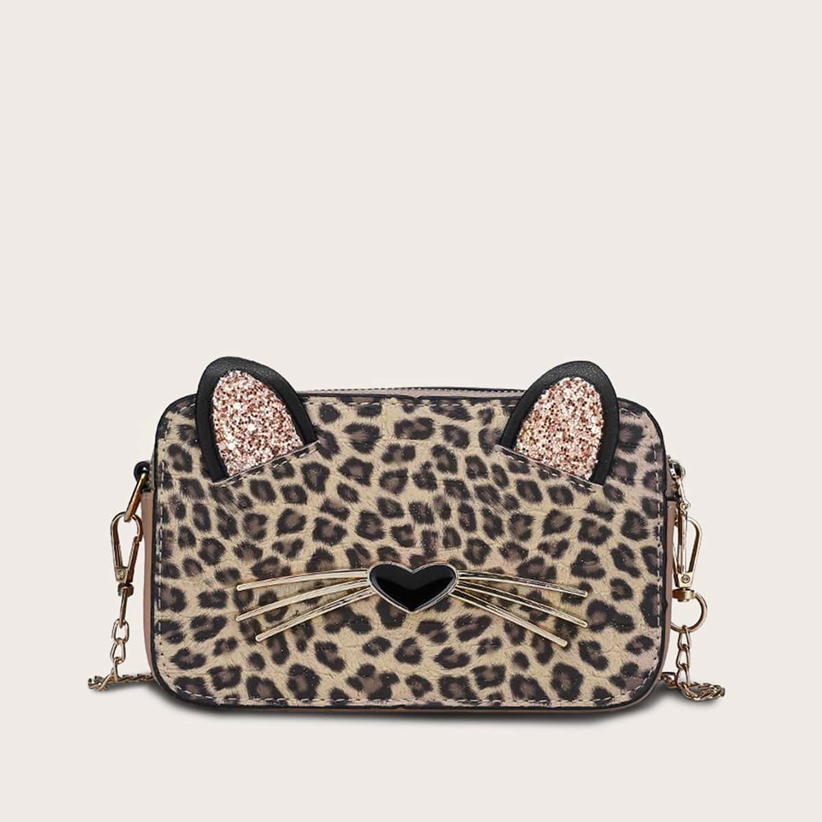 

Glitter Ear Decor Leopard Chain Bag, Multicolor