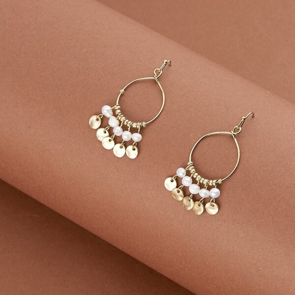 

1pair Small Hoop With Pearl And Disc Earrings