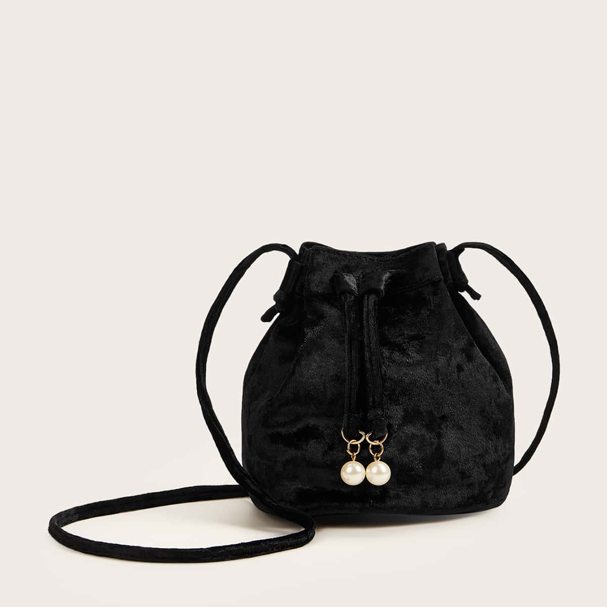 

Faux Pearl Decor Fuzzy Bucket Bag, Black