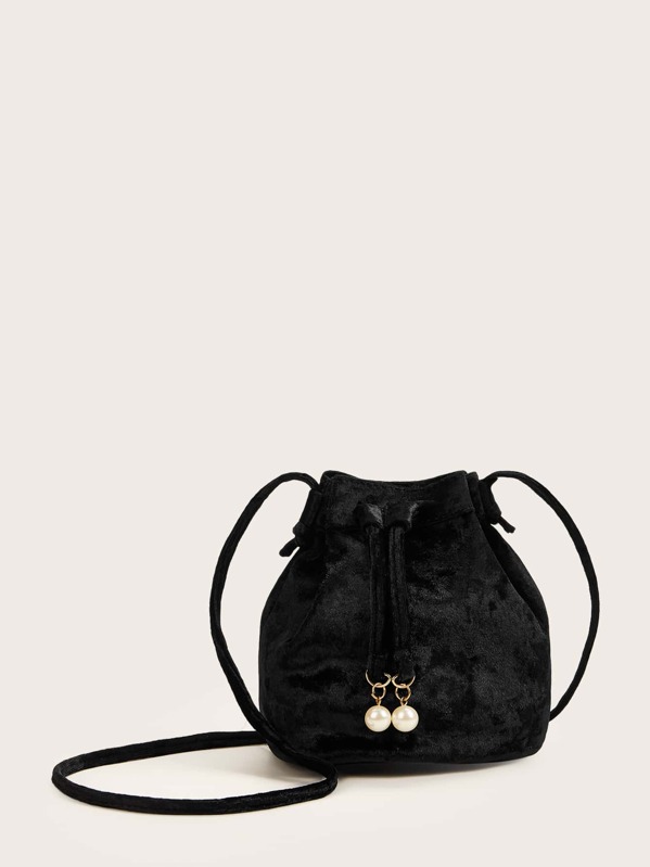 

Faux Pearl Decor Fuzzy Bucket Bag, Black
