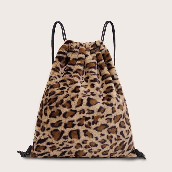 

Fuzzy Leopard Backpack With Drawstring, Multicolor
