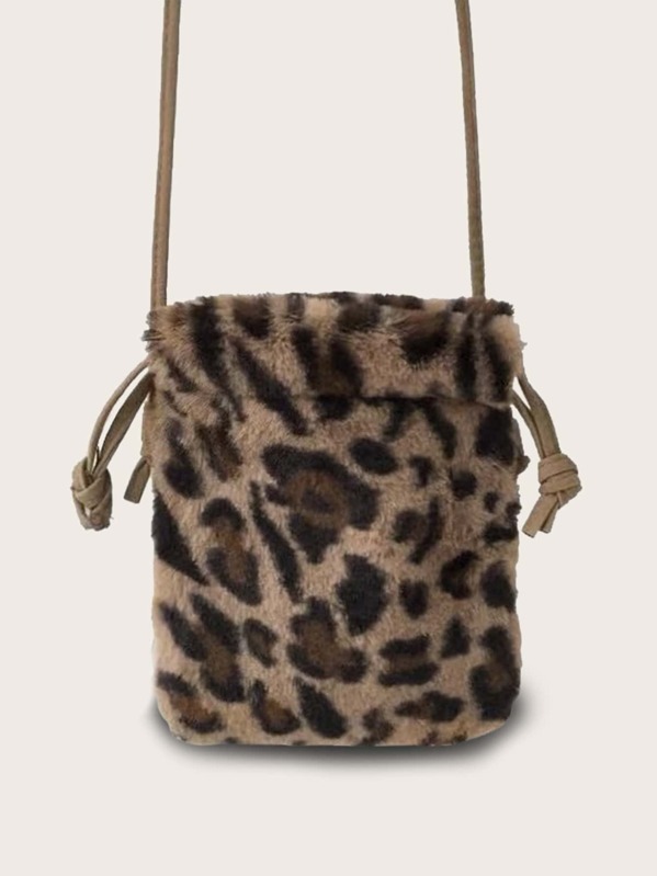 

Fuzzy Leopard Crossbody Bag With Drawstring, Multicolor