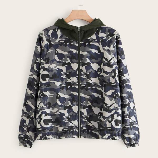 

Plus Camo Print Zip Up Windbreaker Jacket, Multicolor