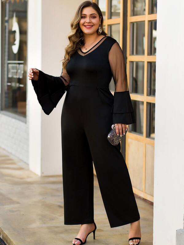 

Plus Contrast Mesh Wide Leg Jumpsuit, Black, Carol