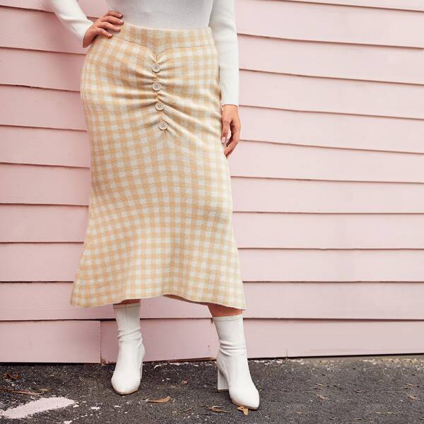 

Plus Button Front Gingham Knit Skirt, Multicolor