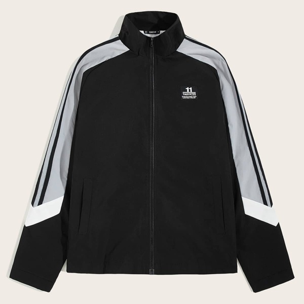 

Men Striped Colorblock Raglan Sleeve Patched Detail Jacket, Black